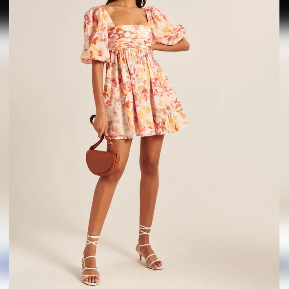 Abercrombie & Fitch Ruched Bodice Puff Sleeve Mini Dress